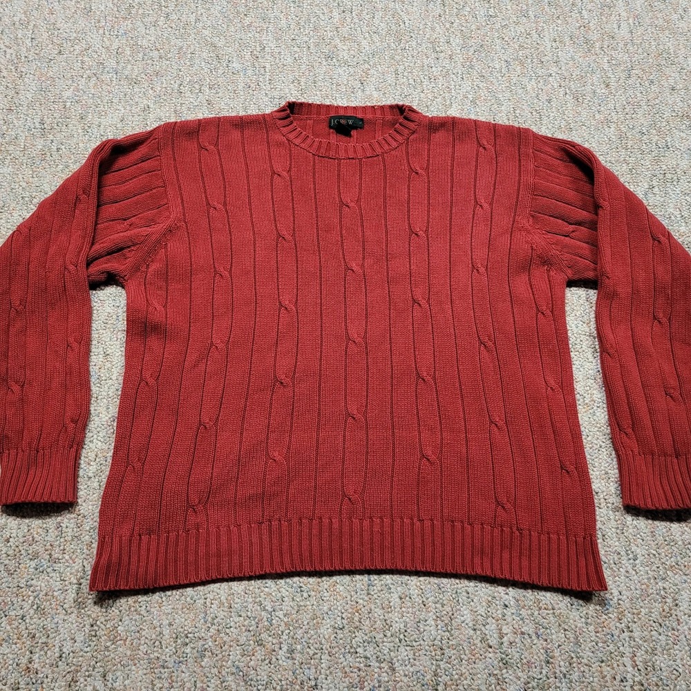 J Crew Oarsman‎ Sweater Men Large Red Cable Knit Cotton Crewneck Fisherman